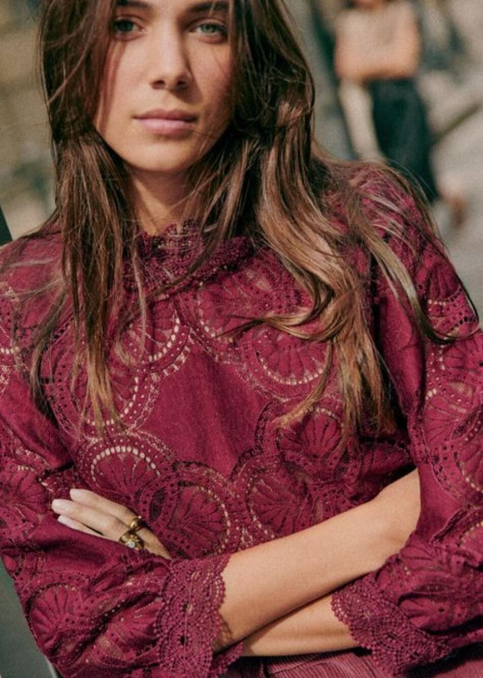 Sézane Bianca High Collar Lace Blouse Deep Raspberry Size EU 40 US 8